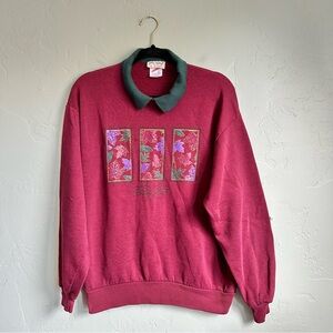 Vintage 90’s Burgundy Green Collared Sweatshirt Leaves Pattern Cottagecore‎ L